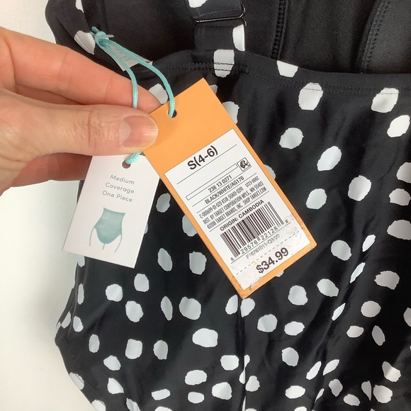 𝅺Kona Sol One Piece Polka Dot Black White Wide Strap Modest Swimsuit Small NWT - Picture 7 of 10